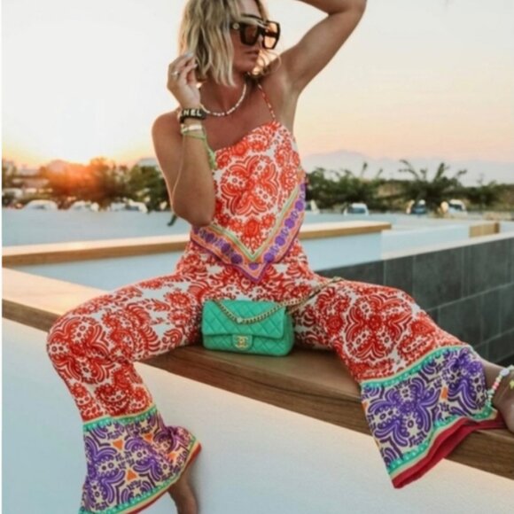 NEW Zara Satin Effect pyjama style Wide Leg Side Slit Pants in Orange, Sz S - Picture 5 of 16